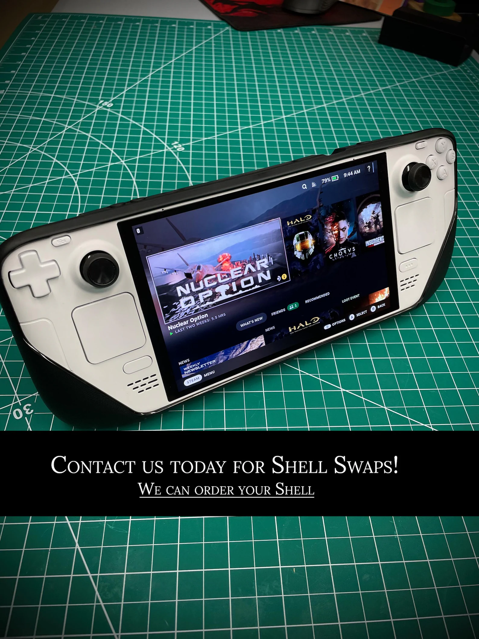 Steam Deck with a completed custom white shell swap on the BlueUplink workbench